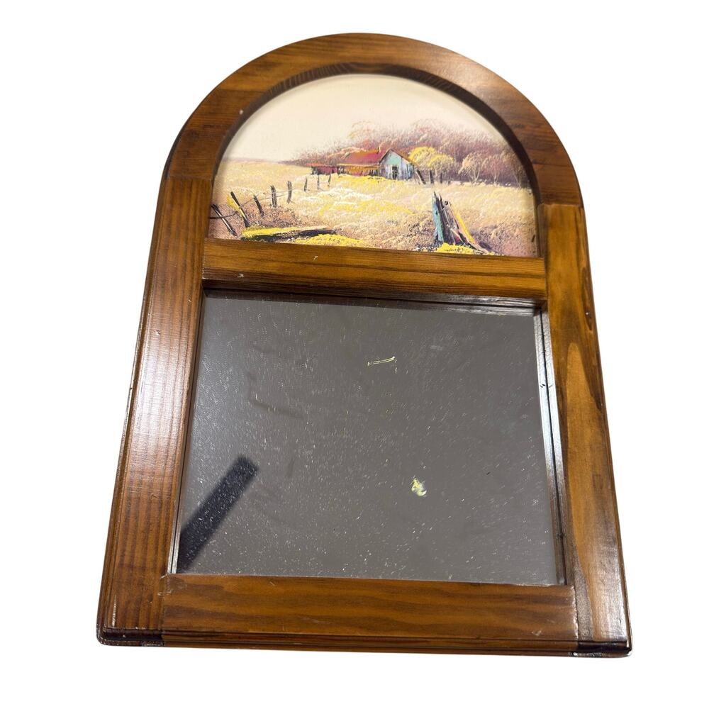 Vintage 80s Oil Painting On Mirror Oak Frame Farm Field Barn Farmhouse Style